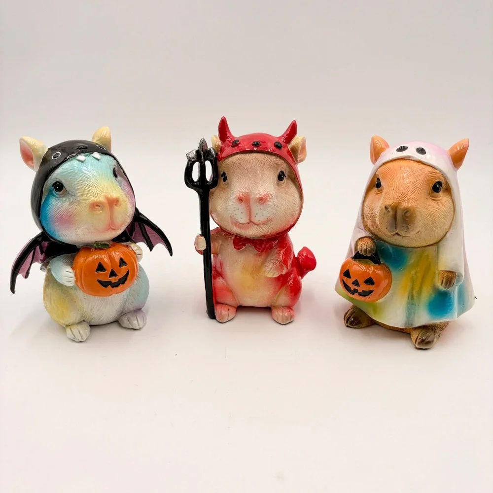 Halloween Capybara Figurine Set of 3 Bat Devil Ghost Costumes Hamster Decor